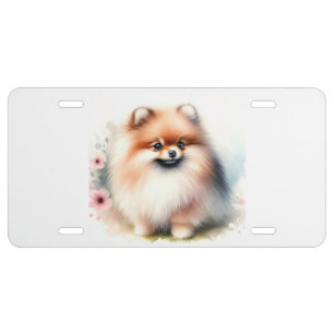 Cute Pomeranian watercolor illustration License Plate