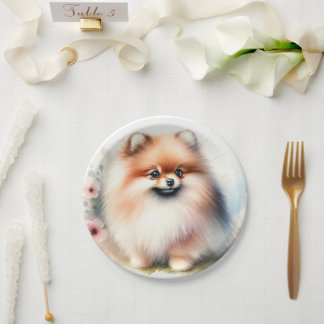 Cute Pomeranian watercolor illustration Paper Plates