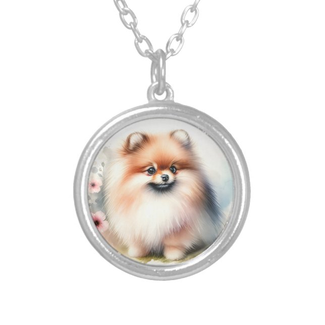 Cute Pomeranian watercolor illustration Silver Plated Necklace (Front)