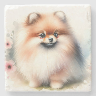 Cute Pomeranian watercolor illustration Stone Coaster