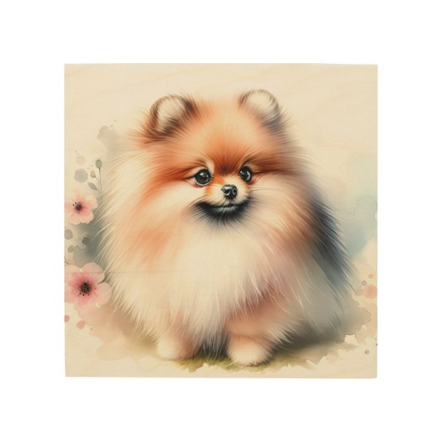 Cute Pomeranian watercolor illustration Wood Wall Art (Front)