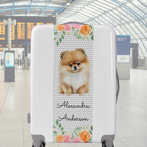 Cute Pomeranian with watercolor flowers monogram Luggage