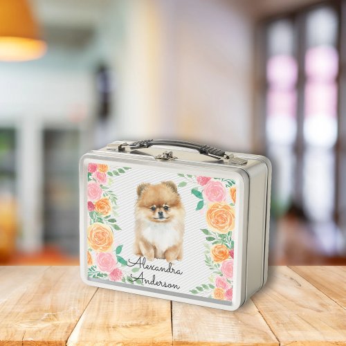 Cute Pomeranian with watercolor flowers monogram Metal Lunch Box
