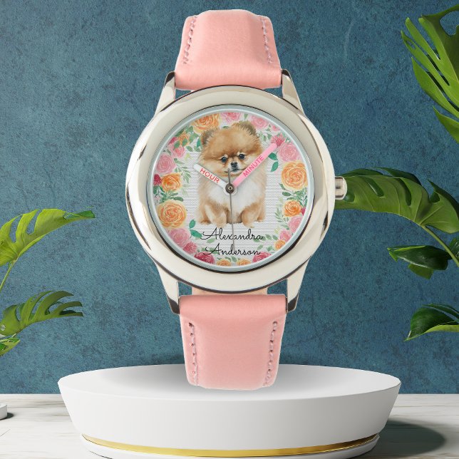 Cute Pomeranian with watercolor flowers monogram Watch (Creator Uploaded)