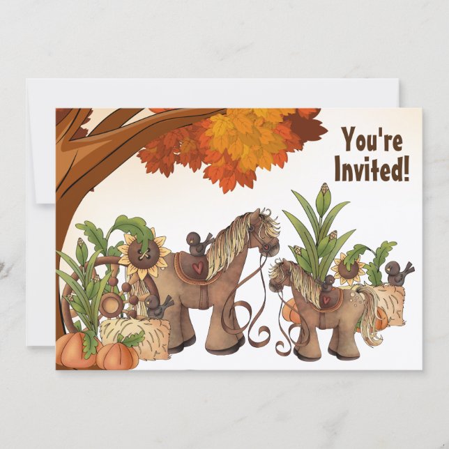 Cute Ponies Autumn Horse Baby Shower Invitation (Front)