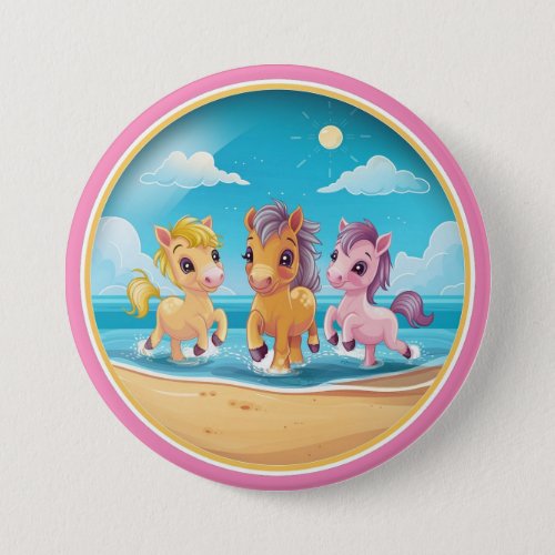 Cute Ponies on Beach Button
