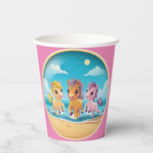 Cute Ponies on Beach for kids party Paper Cups
