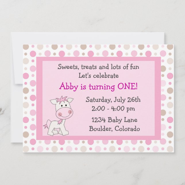 Cute Pony 1st Birthday Invitation for Girls (Front)