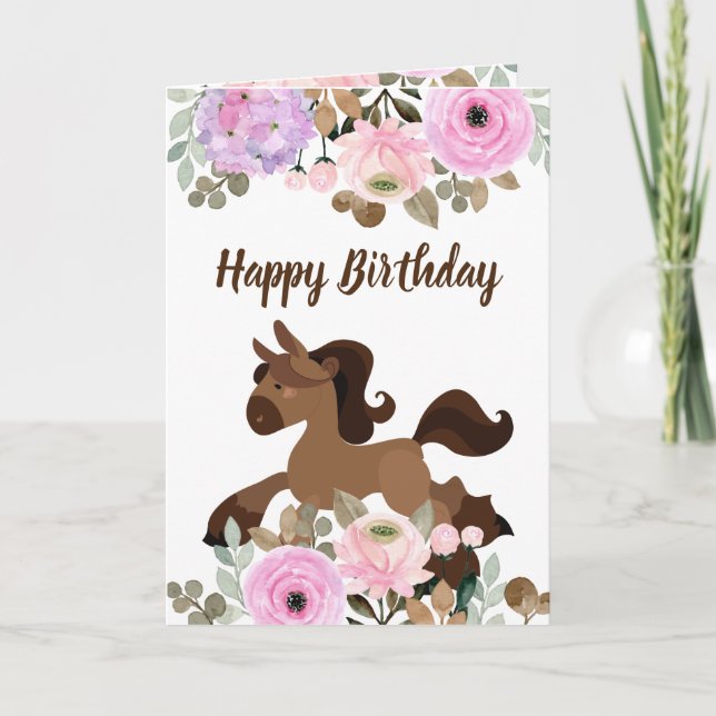 Cute Pony and Colorful Flowers Horse Birthday Card (Front)