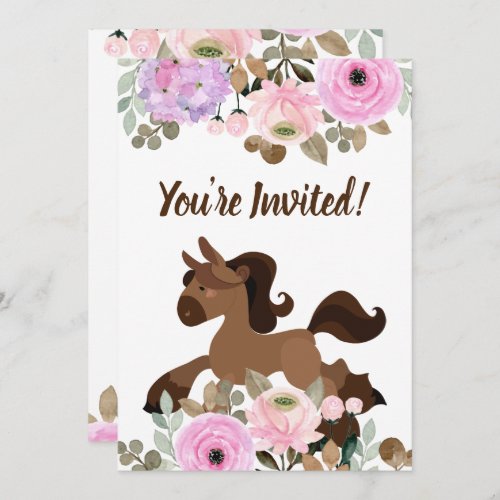 Cute Pony and Colorful Flowers Horse Birthday Invitation