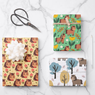Cute Pony and Flowers Wrapping Paper Sheets