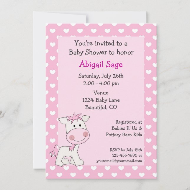 Cute Pony and Hearts Girls Baby Shower Invitation (Front)