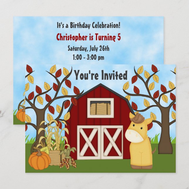 Cute Pony and Red Barn Autumn Horse Birthday Invitation (Front/Back)