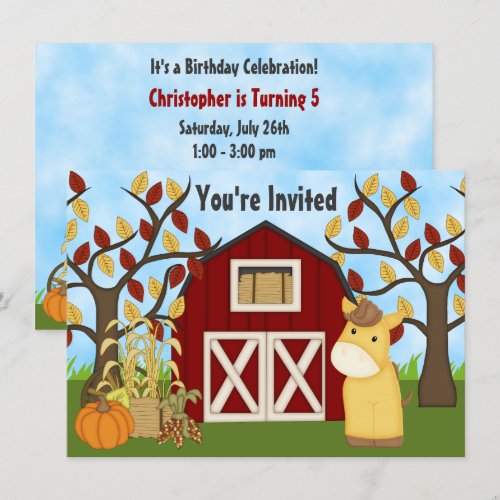 Cute Pony and Barn Autumn Horse Birthday Invite