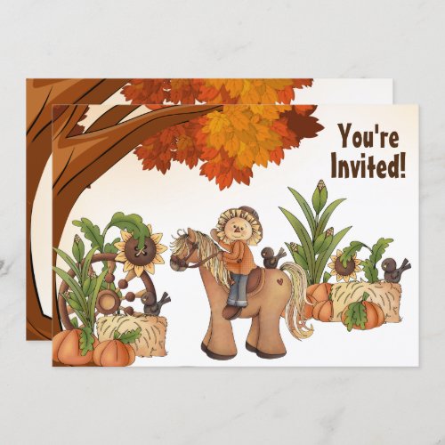 Cute Pony and Scarecrow Fall Horse Birthday Invitation