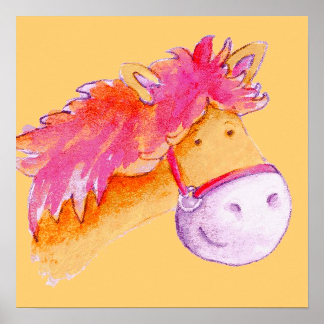 Cute pony art pink orange square poster print (Front)