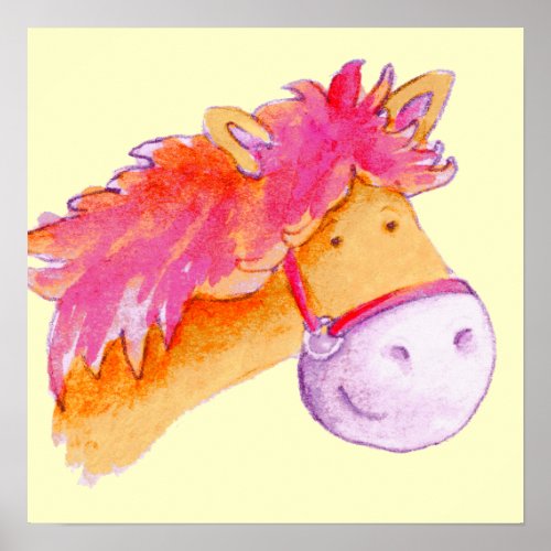 Cute pony art pink yellow square poster print