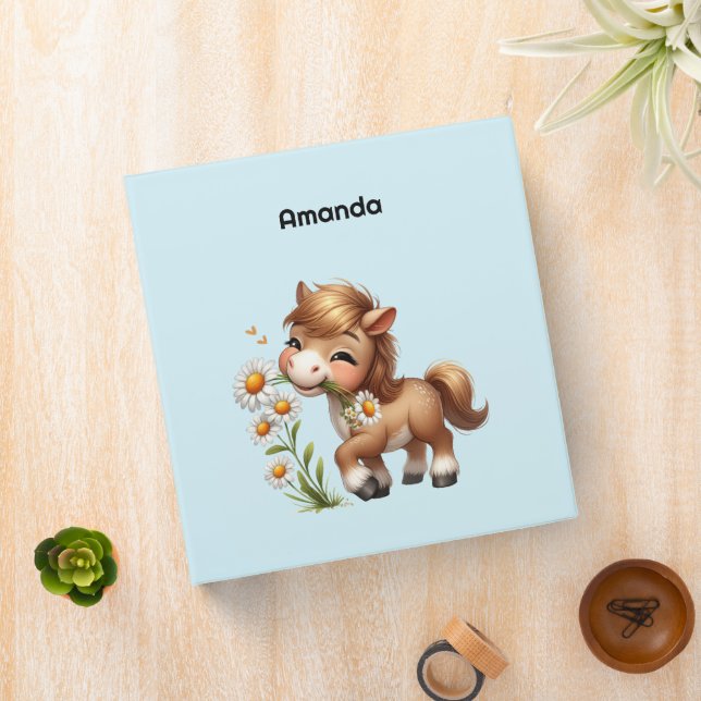 Cute Pony Eating Daisies 3 Ring Binder (In Situ)