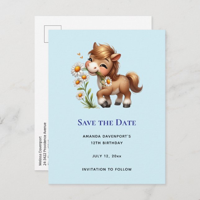 Cute Pony Eating Daisies Announcement Postcard (Front/Back)