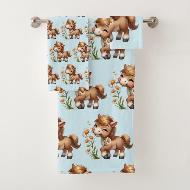 Cute Pony Eating Daisies Bath Towel Set (Insitu)