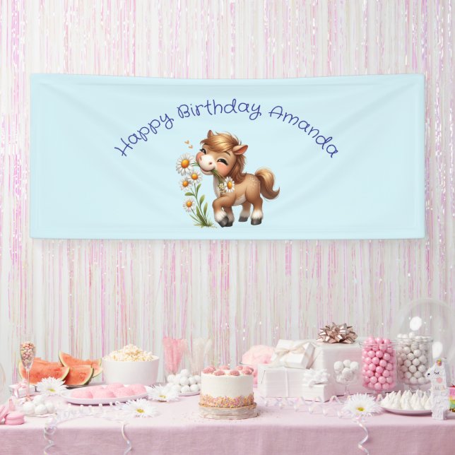 Cute Pony Eating Daisies Birthday Banner (Party)