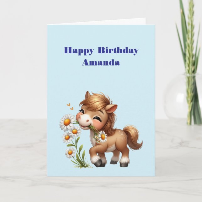 Cute Pony Eating Daisies Birthday Card (Front)