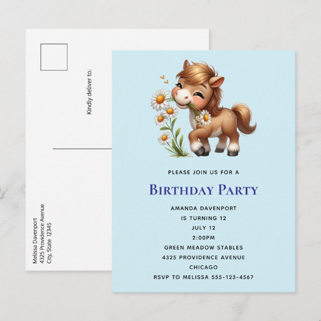 Cute Pony Eating Daisies Birthday Invitation Postcard (Front/Back)