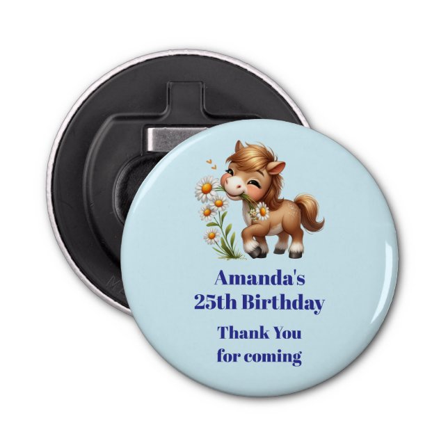 Cute Pony Eating Daisies Birthday Thank You Bottle Opener (Front)
