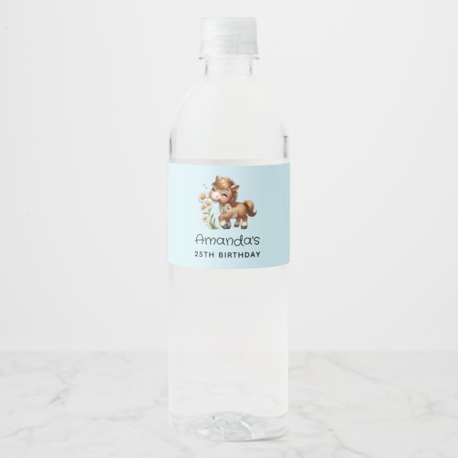 Cute Pony Eating Daisies Birthday Water Bottle Label (Front)