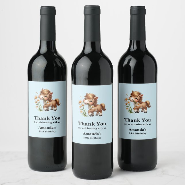 Cute Pony Eating Daisies Birthday Wine Label (Bottles)