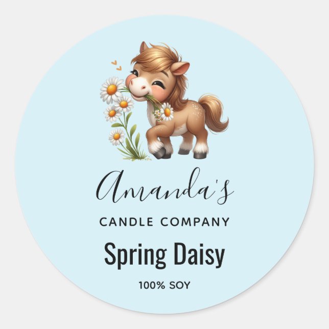Cute Pony Eating Daisies Candle Business Classic Round Sticker (Front)