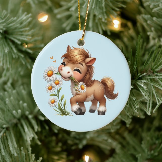 Cute Pony Eating Daisies Ceramic Ornament (Tree)