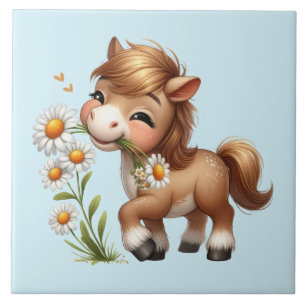 Cute Pony Eating Daisies Ceramic Tile