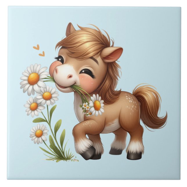 Cute Pony Eating Daisies Ceramic Tile (Front)