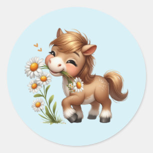 Cute Pony Eating Daisies Classic Round Sticker