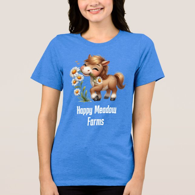 Cute Pony Eating Daisies Farm Business Tri-Blend Shirt (Front)