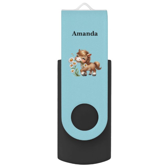 Cute Pony Eating Daisies Flash Drive (Front Vertical)