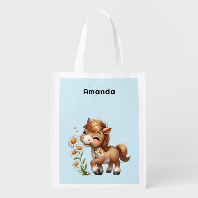 Cute Pony Eating Daisies Grocery Bag (Front)
