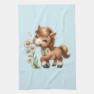 Cute Pony Eating Daisies Kitchen Towel