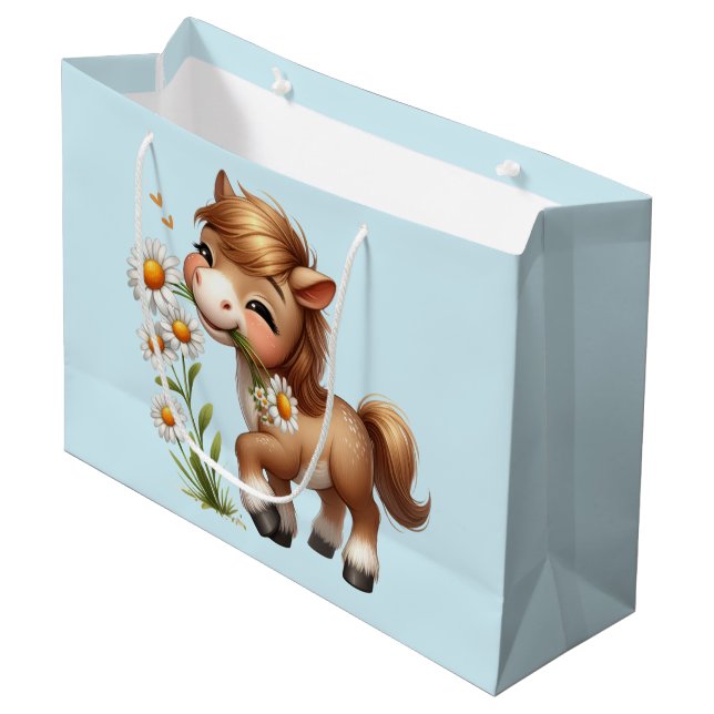 Cute Pony Eating Daisies Large Gift Bag (Front Angled)