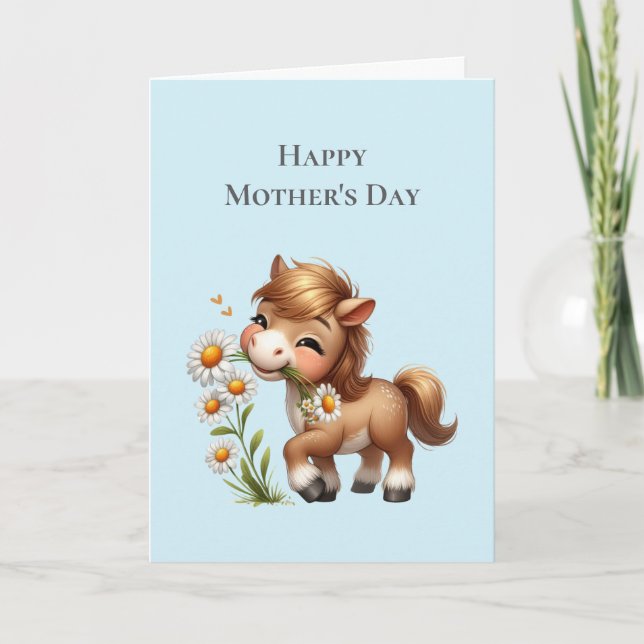 Cute Pony Eating Daisies Mother's Day Holiday Card (Front)