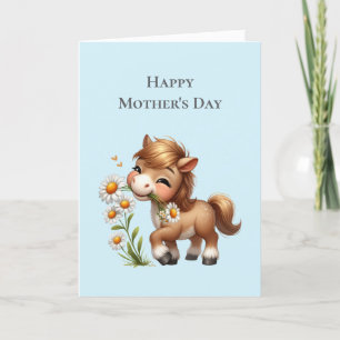 Cute Pony Eating Daisies Mother's Day Holiday Card