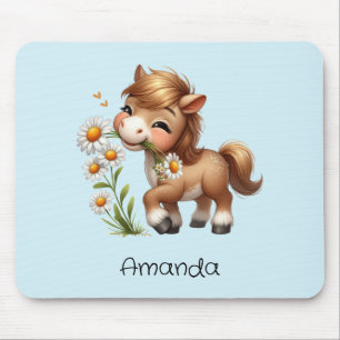 Cute Pony Eating Daisies Mouse Pad