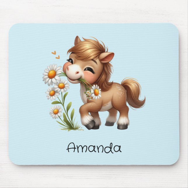 Cute Pony Eating Daisies Mouse Pad (Front)
