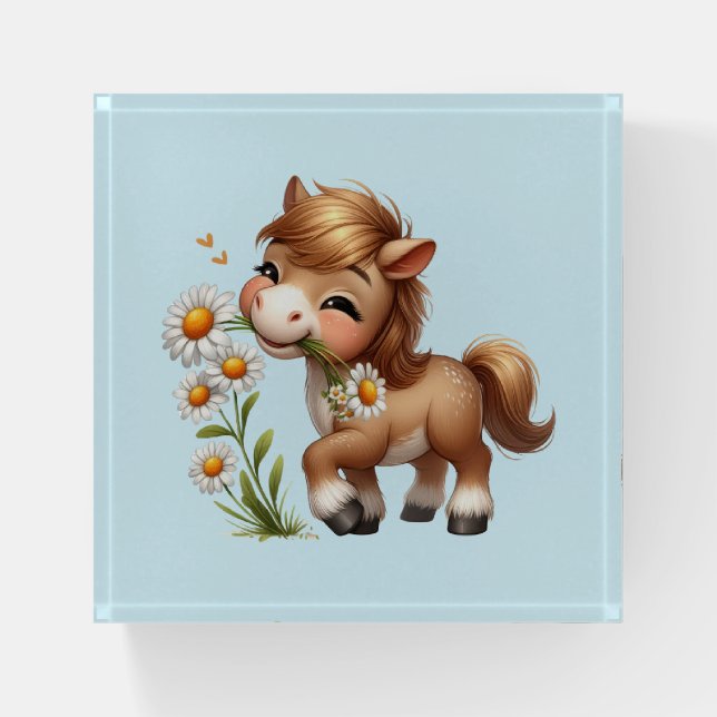 Cute Pony Eating Daisies Paperweight (Front)
