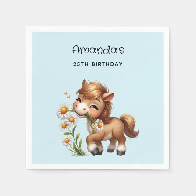 Cute Pony Eating Daisies Party Napkins (Front)