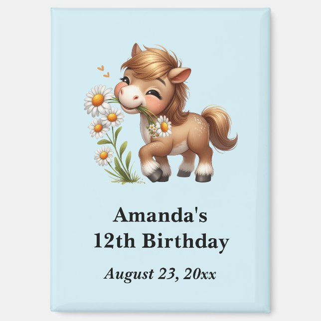 Cute Pony Eating Daisies Party Save the Date Magnet (Front)