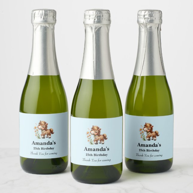 Cute Pony Eating Daisies Party Thank You Sparkling Wine Label (Bottles)