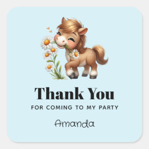 Cute Pony Eating Daisies Party Thank You Square Sticker