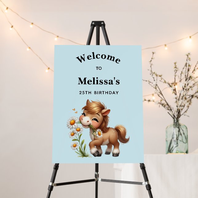 Cute Pony Eating Daisies Party Welcome Foam Board (In Situ (Stand))